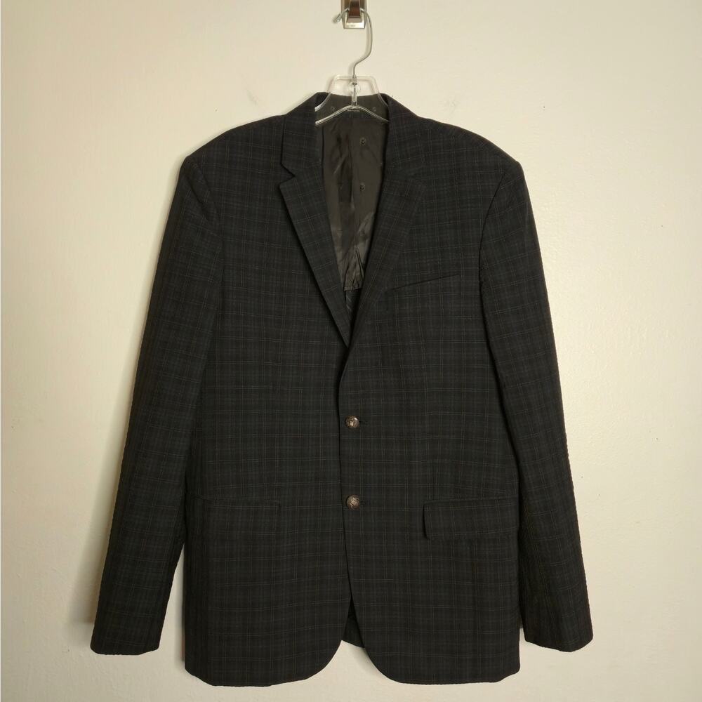 Dark Academia Men's Wool Blend Plaid Blazer 40R Navy Black Preppy John Varvatos